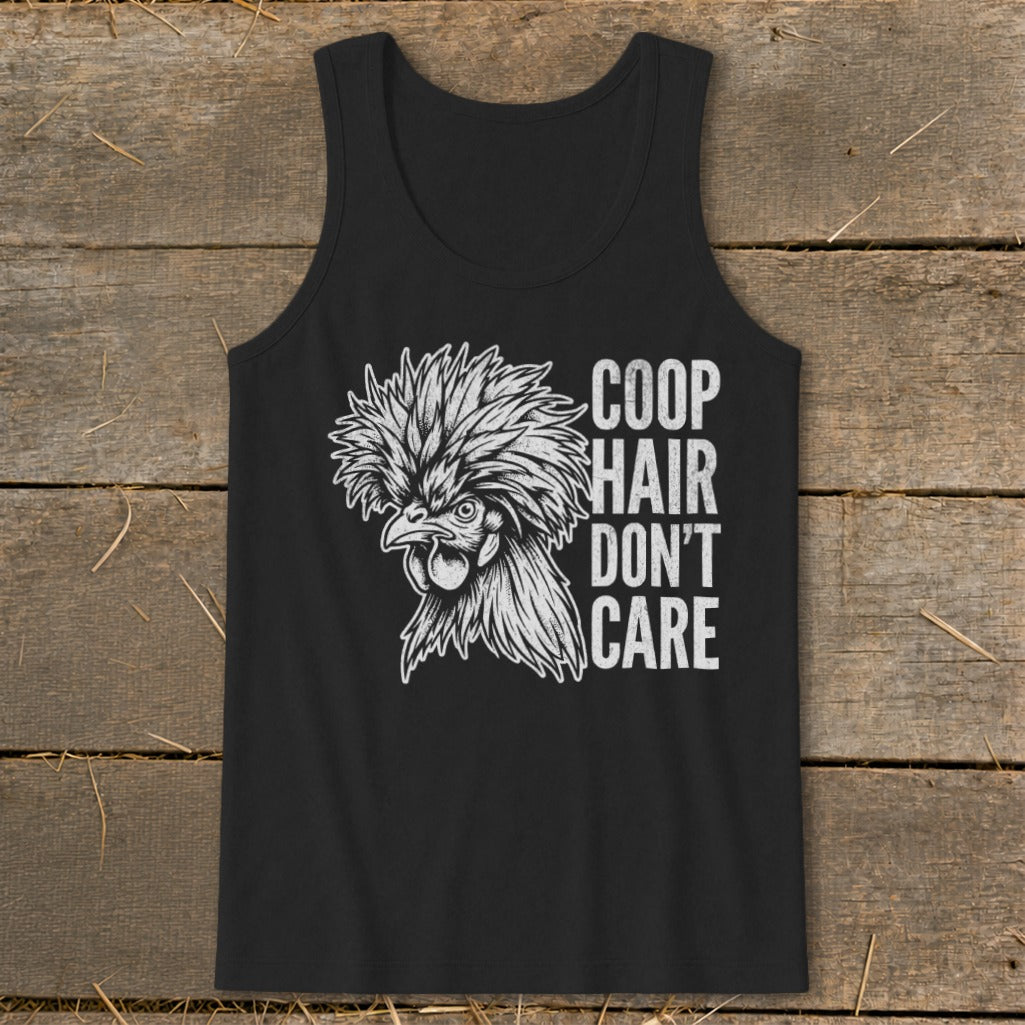 Black tank top with a rooster illustration and text "COOP HAIR DON'T CARE".