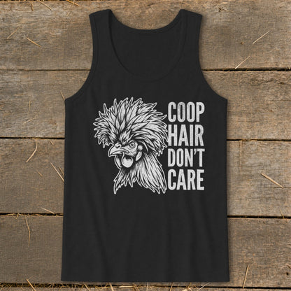 Black tank top with a rooster illustration and text "COOP HAIR DON'T CARE".