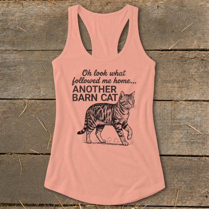 Peach tank top with text and drawing of a tabby cat.