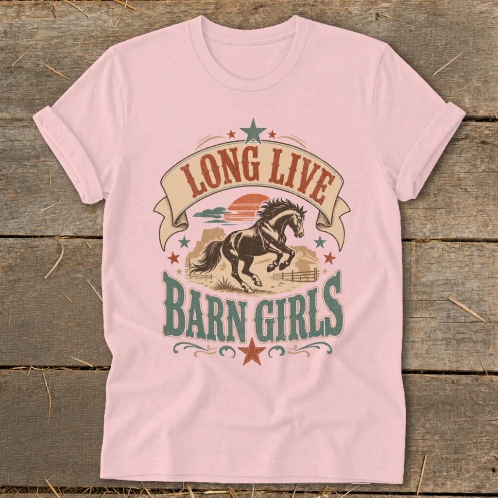 Pink t-shirt with "LONG LIVE BARN GIRLS" text and a jumping horse graphic.