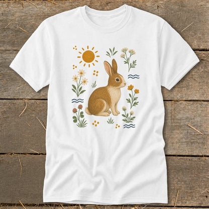 White t-shirt with a brown and white rabbit surrounded by flowers, sun, and wavy lines.