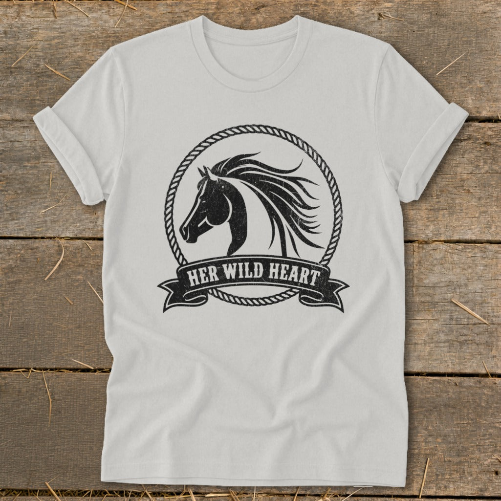 White t-shirt with black horse head graphic and "HER WILD HEART" text.