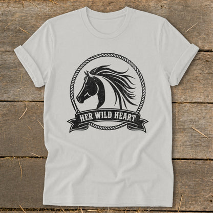 White t-shirt with black horse head graphic and "HER WILD HEART" text.