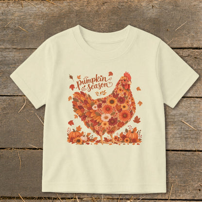 Cream t-shirt with a chicken made of autumn leaves and flowers, text "pumpkin season".