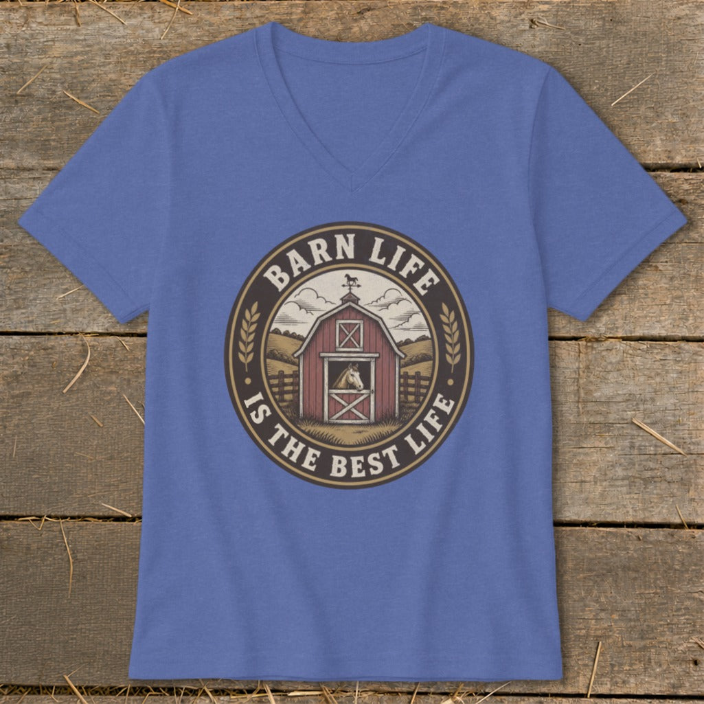 Blue t-shirt with a circular graphic of a barn, horse, and the text "Barn Life is the Best Life".