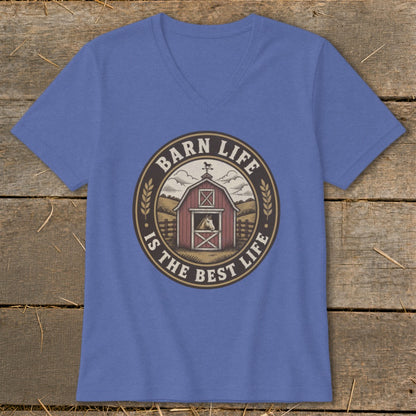 Blue t-shirt with a circular graphic of a barn, horse, and the text "Barn Life is the Best Life".