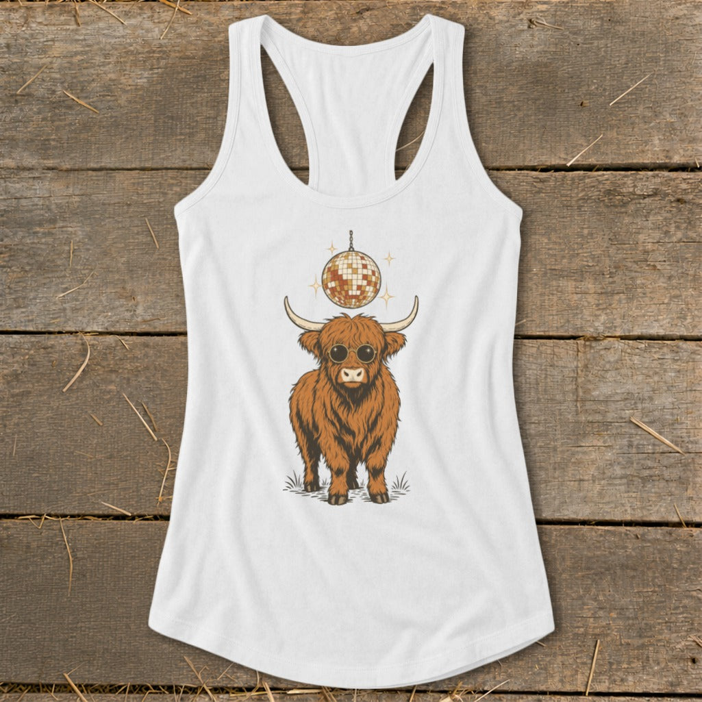 Highland cow with sunglasses under a disco ball graphic on a white tank top.