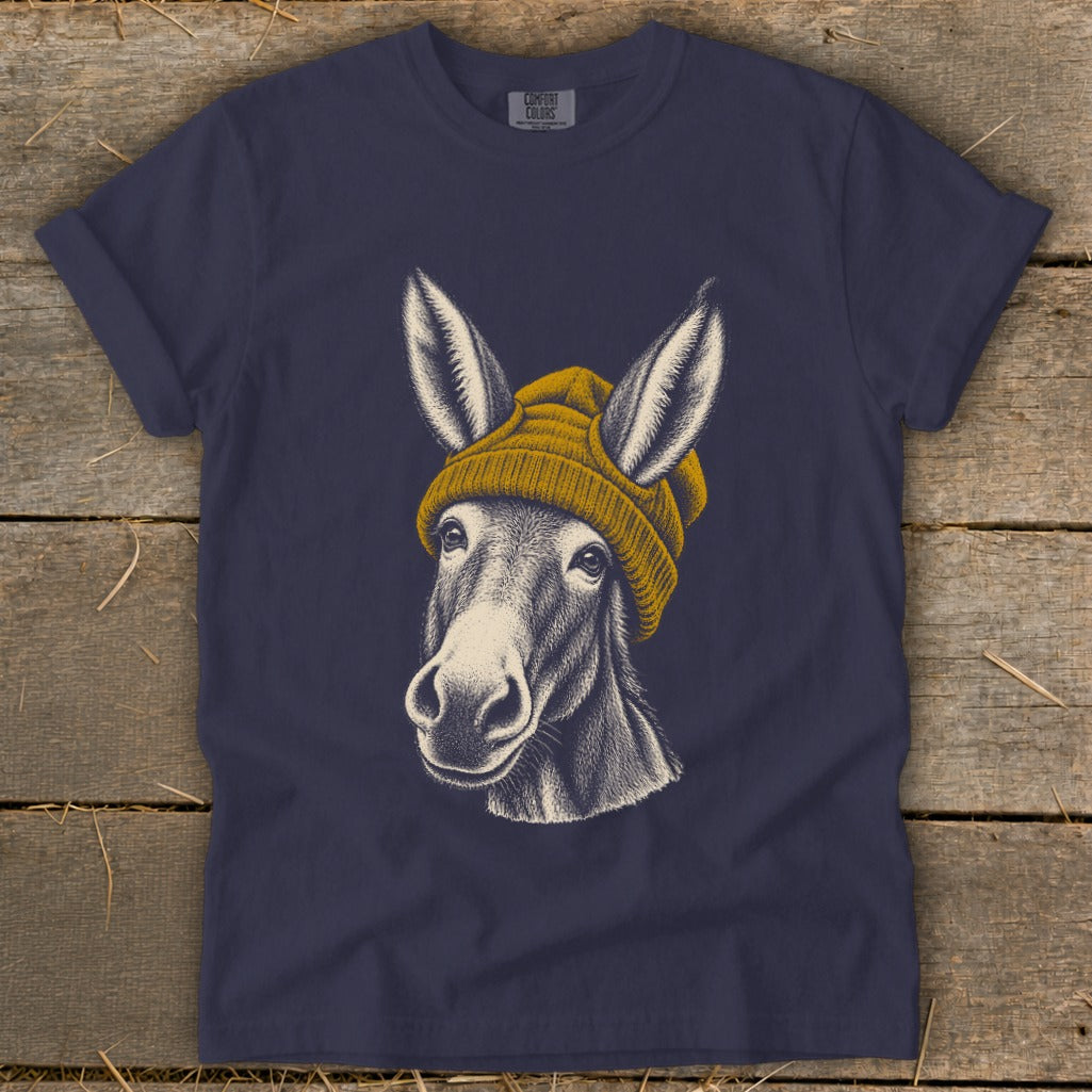 Navy t-shirt with a detailed sketch of a donkey wearing a yellow beanie.