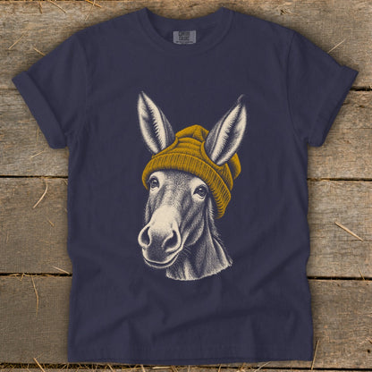 Navy t-shirt with a detailed sketch of a donkey wearing a yellow beanie.
