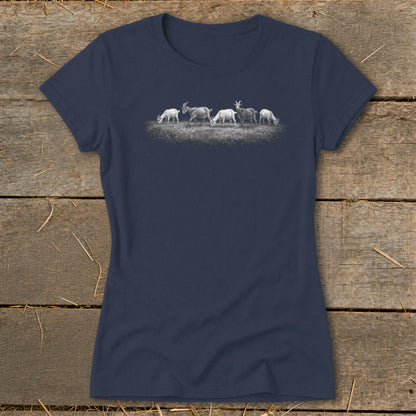 Navy t-shirt with a print of a group of goats grazing in a field.