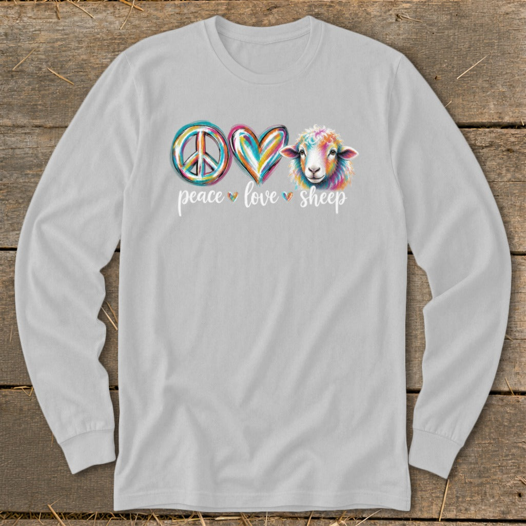 Long-sleeve grey shirt with "peace love sheep" text and colorful sheep graphic.