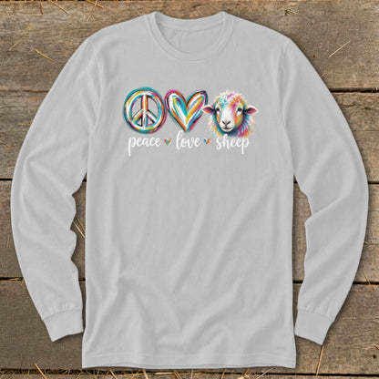 Long-sleeve grey shirt with "peace love sheep" text and colorful sheep graphic.