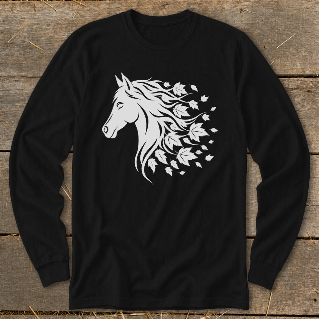 Black long-sleeve shirt with a white stylized horse head and falling leaves design.