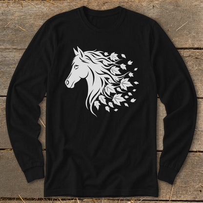 Black long-sleeve shirt with a white stylized horse head and falling leaves design.