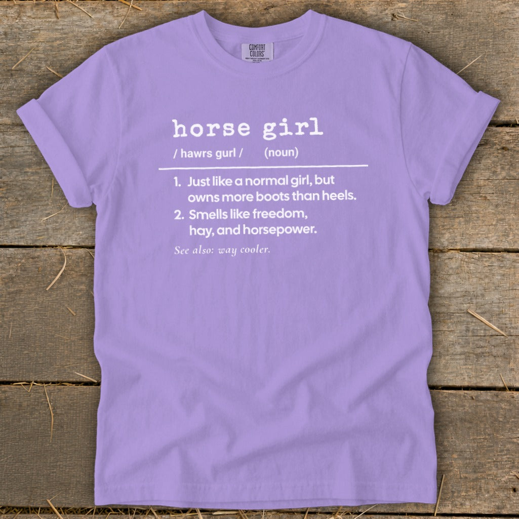 Purple t-shirt with "horse girl" definition text.
