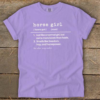 Purple t-shirt with "horse girl" definition text.