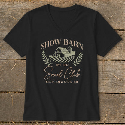 Black v-neck t-shirt with "Show Barn Social Club EST. 1892" text and barn graphic.