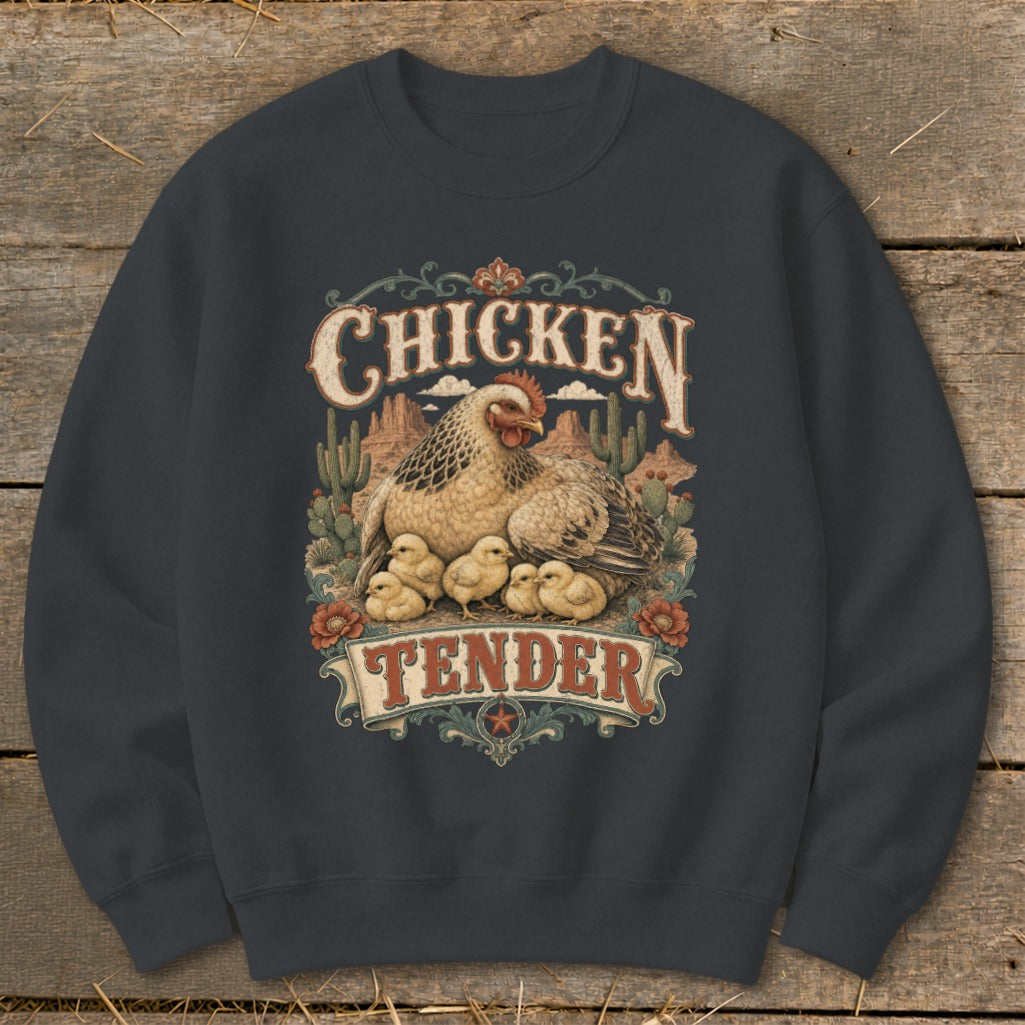 Chicken Tender graphic with hen, chicks, desert, and flowers on dark grey sweatshirt.