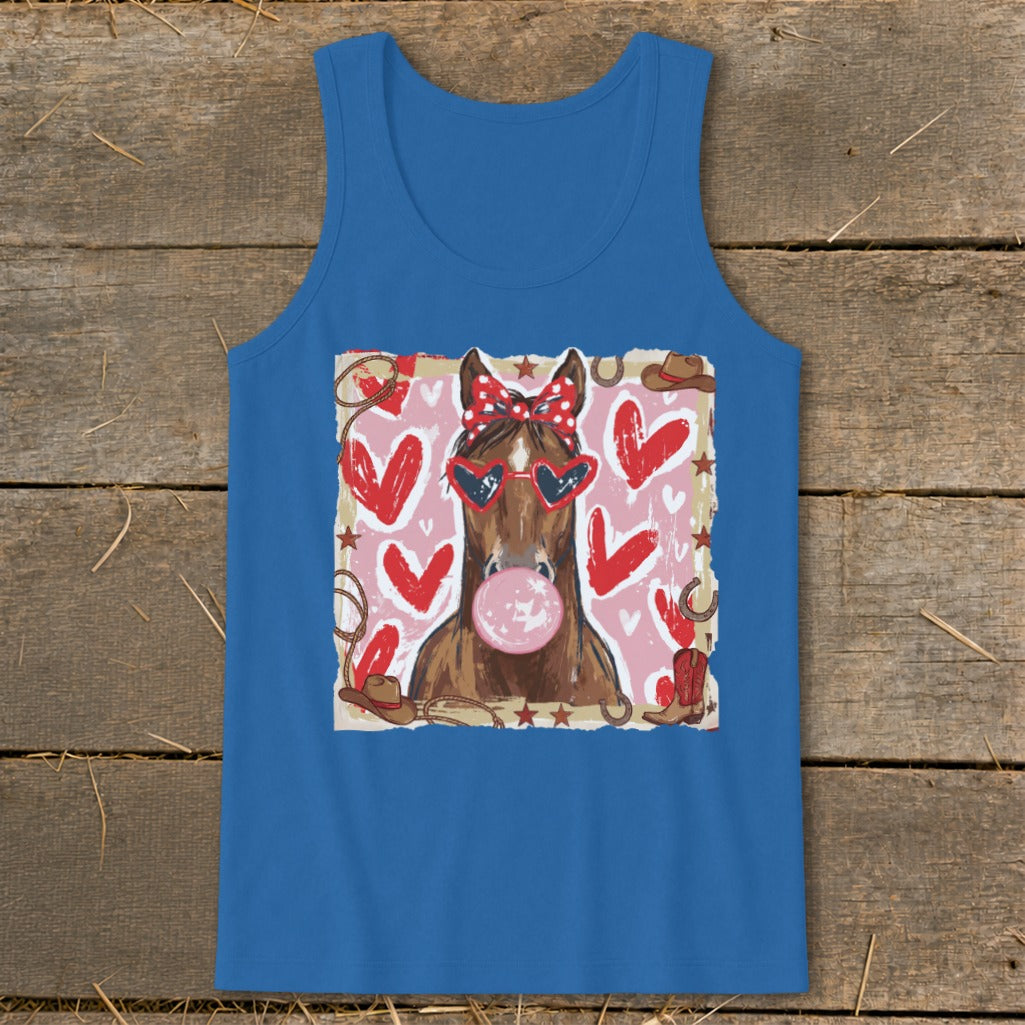 Brown horse wearing heart sunglasses and polka dot bow, blowing bubblegum.