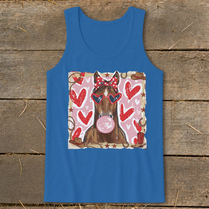 Brown horse wearing heart sunglasses and polka dot bow, blowing bubblegum.