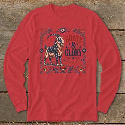 Goat with American flag pattern on red long-sleeve shirt with "Goats & Glory Since 1776" text.