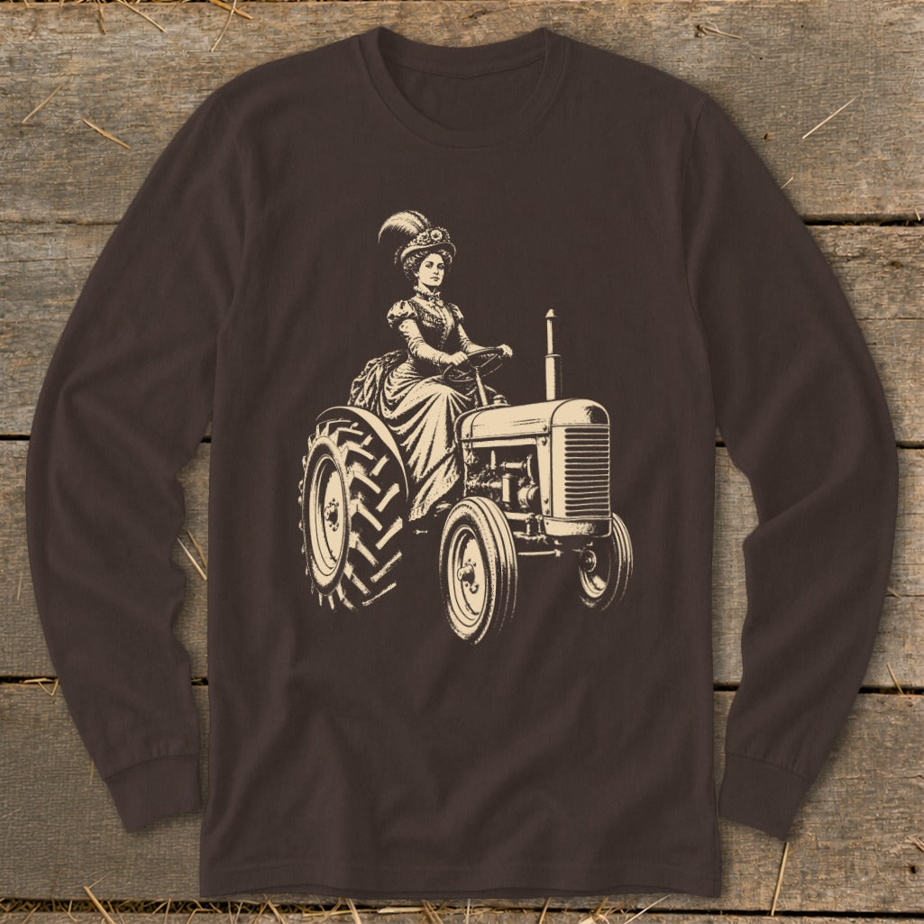 Illustration of woman in Victorian dress and hat driving a tractor.