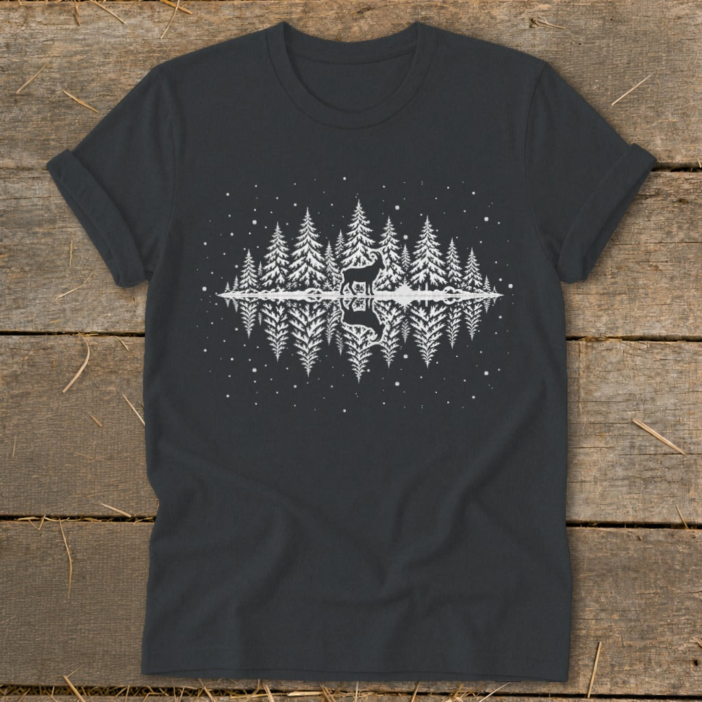 Dark t-shirt with a white graphic of a deer in a snowy forest reflected in water.