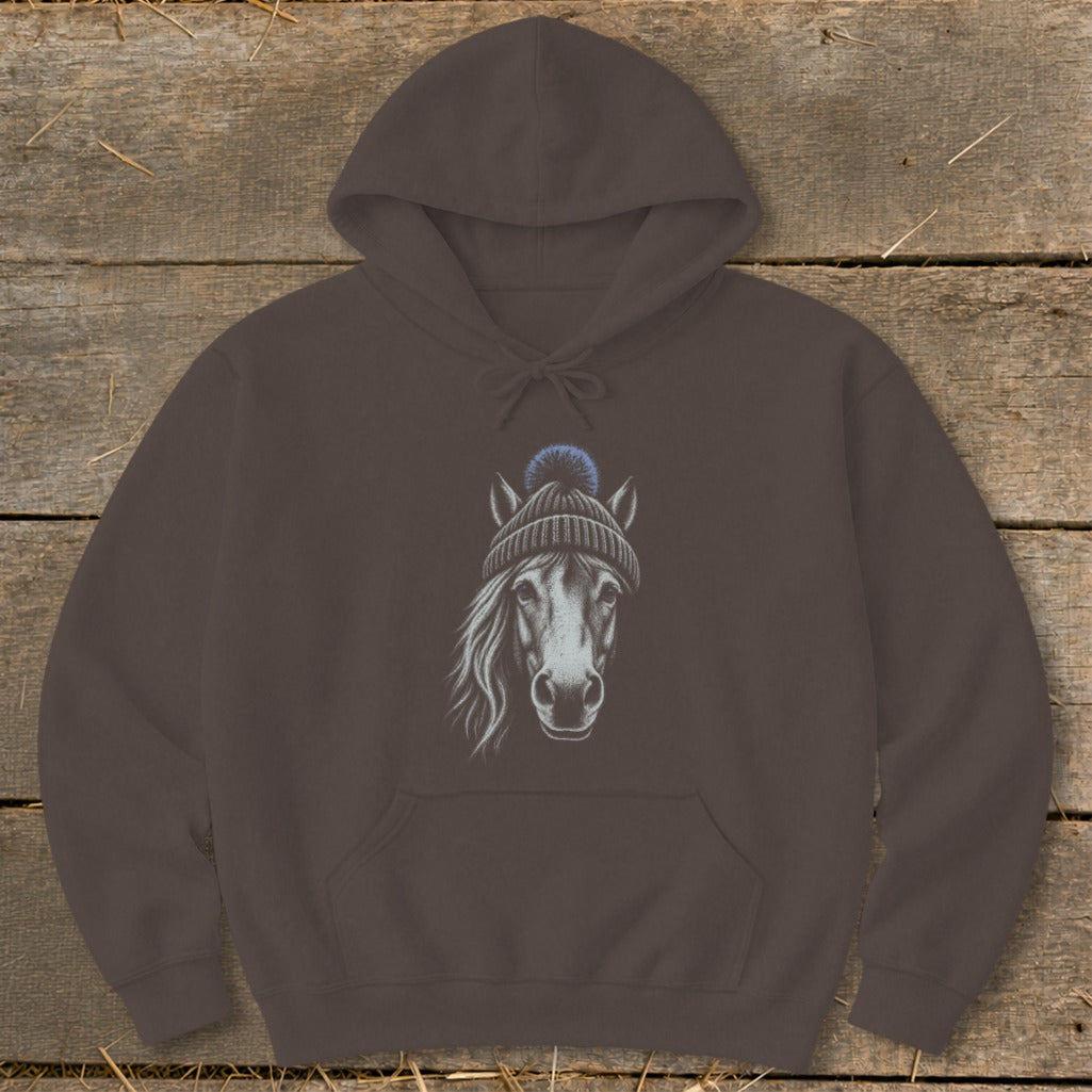 Brown hoodie with a sketch of a horse wearing a knit hat with a pom-pom.