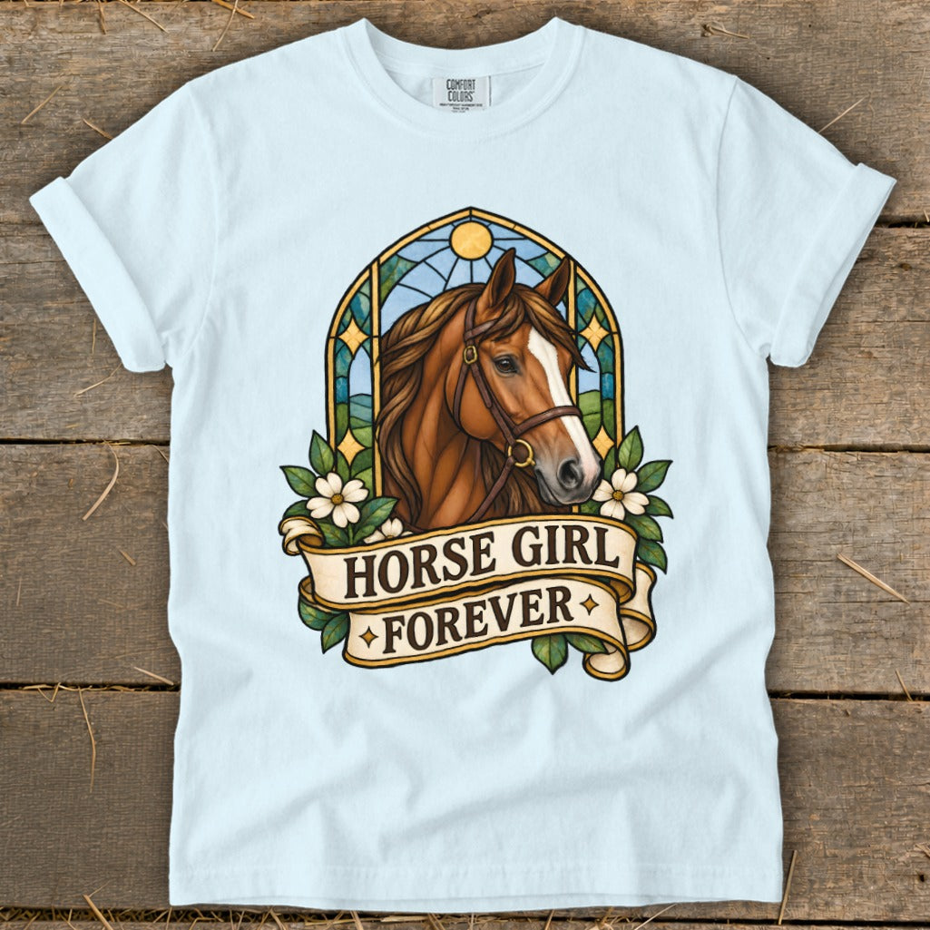 Light blue t-shirt featuring a stained-glass style horse head with the text "HORSE GIRL FOREVER."