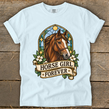 Light blue t-shirt featuring a stained-glass style horse head with the text "HORSE GIRL FOREVER."