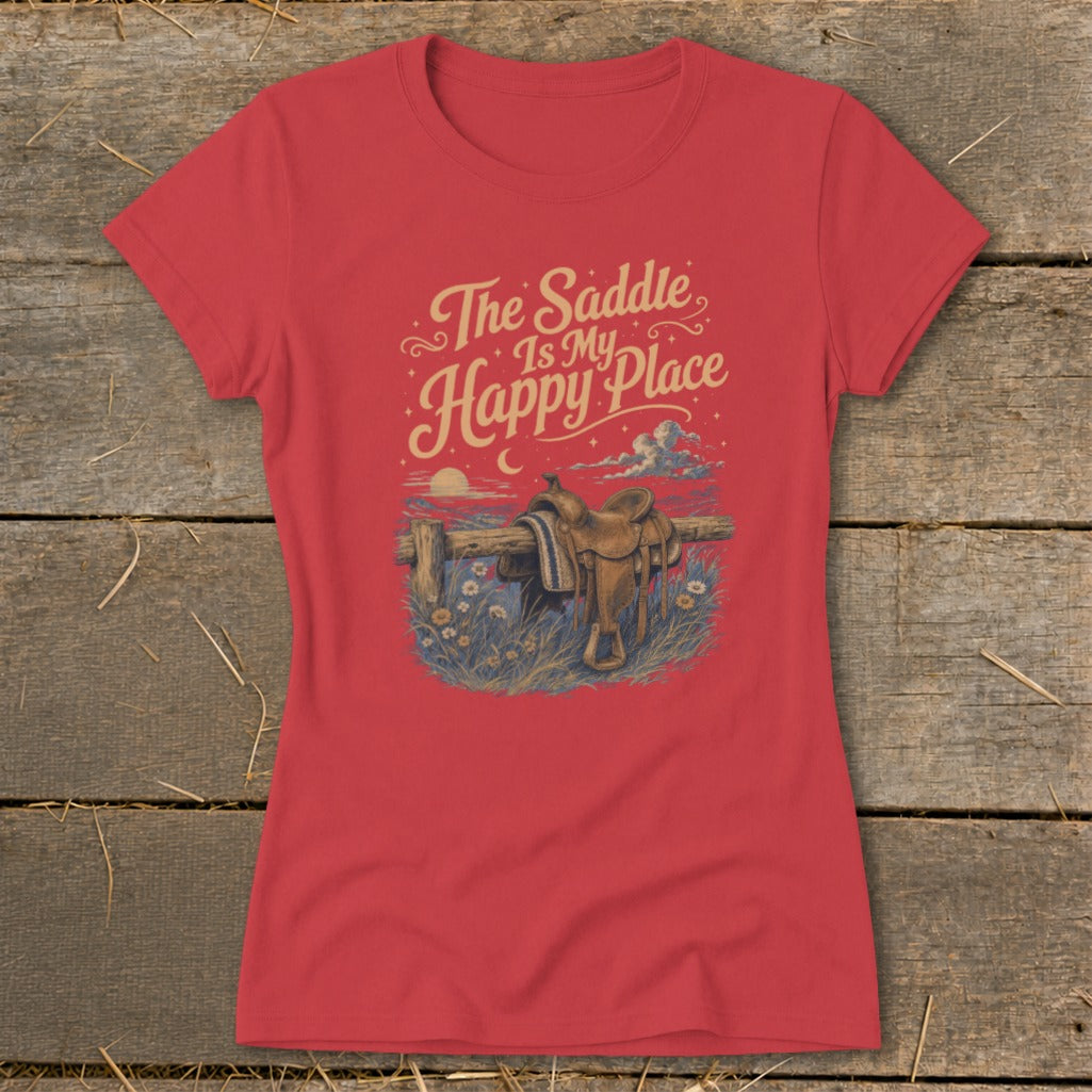 Red t-shirt with graphic of saddle on fence with text "The Saddle Is My Happy Place."