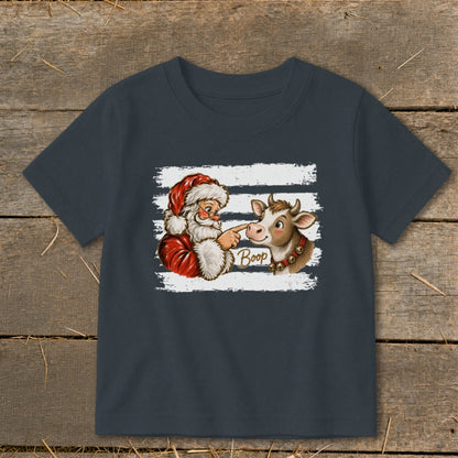 Santa booping a cow with the word "Boop" on a dark gray t-shirt.