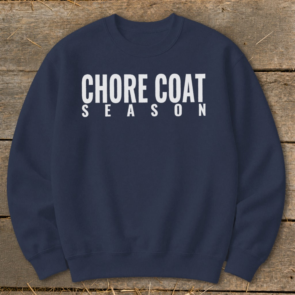 Navy sweatshirt with "CHORE COAT SEASON" printed in white.