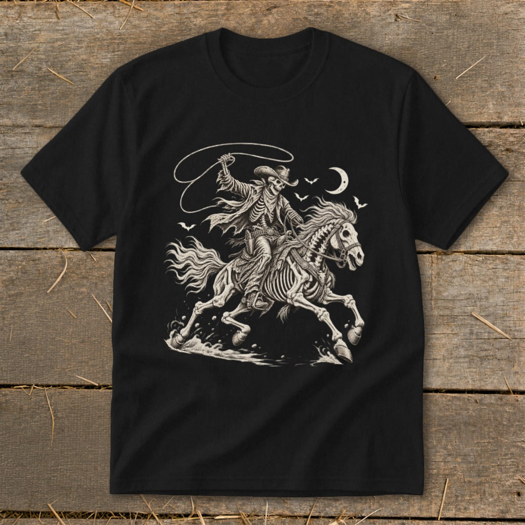 Skeleton cowboy on horseback with lasso under crescent moon and bats.