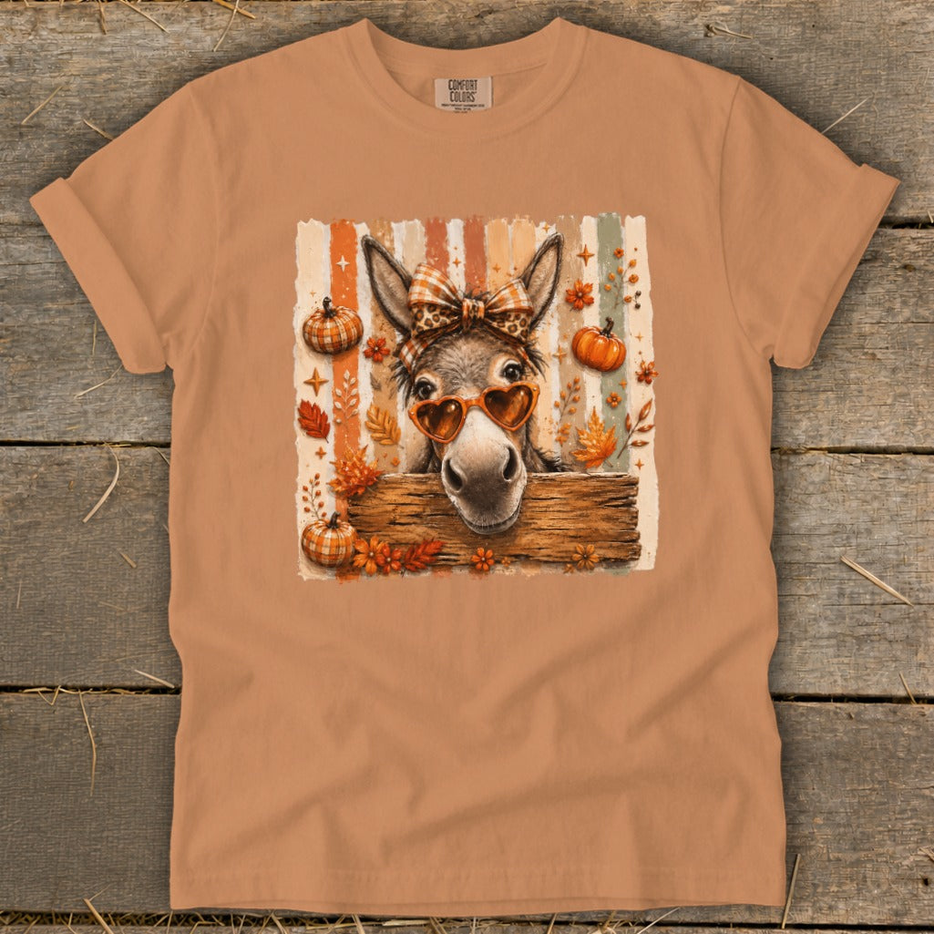 Donkey wearing heart sunglasses and bow on striped autumn background.