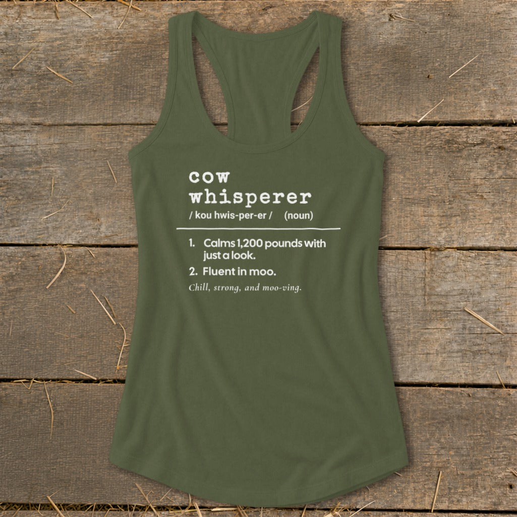 Green tank top with "cow whisperer" definition in white text.