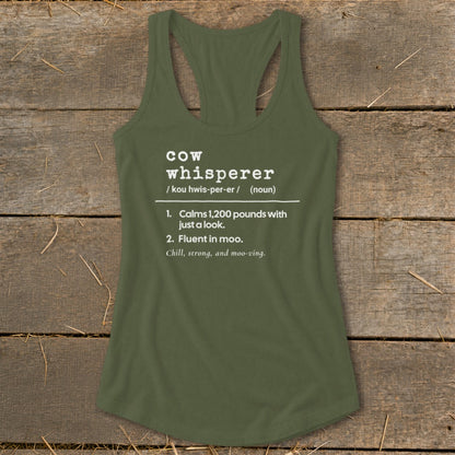 Green tank top with "cow whisperer" definition in white text.