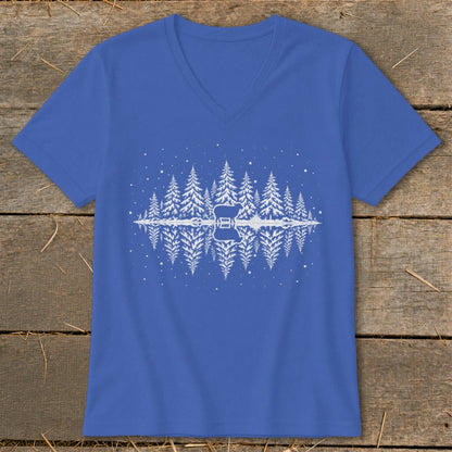 Blue t-shirt with white forest and deer reflection graphic.