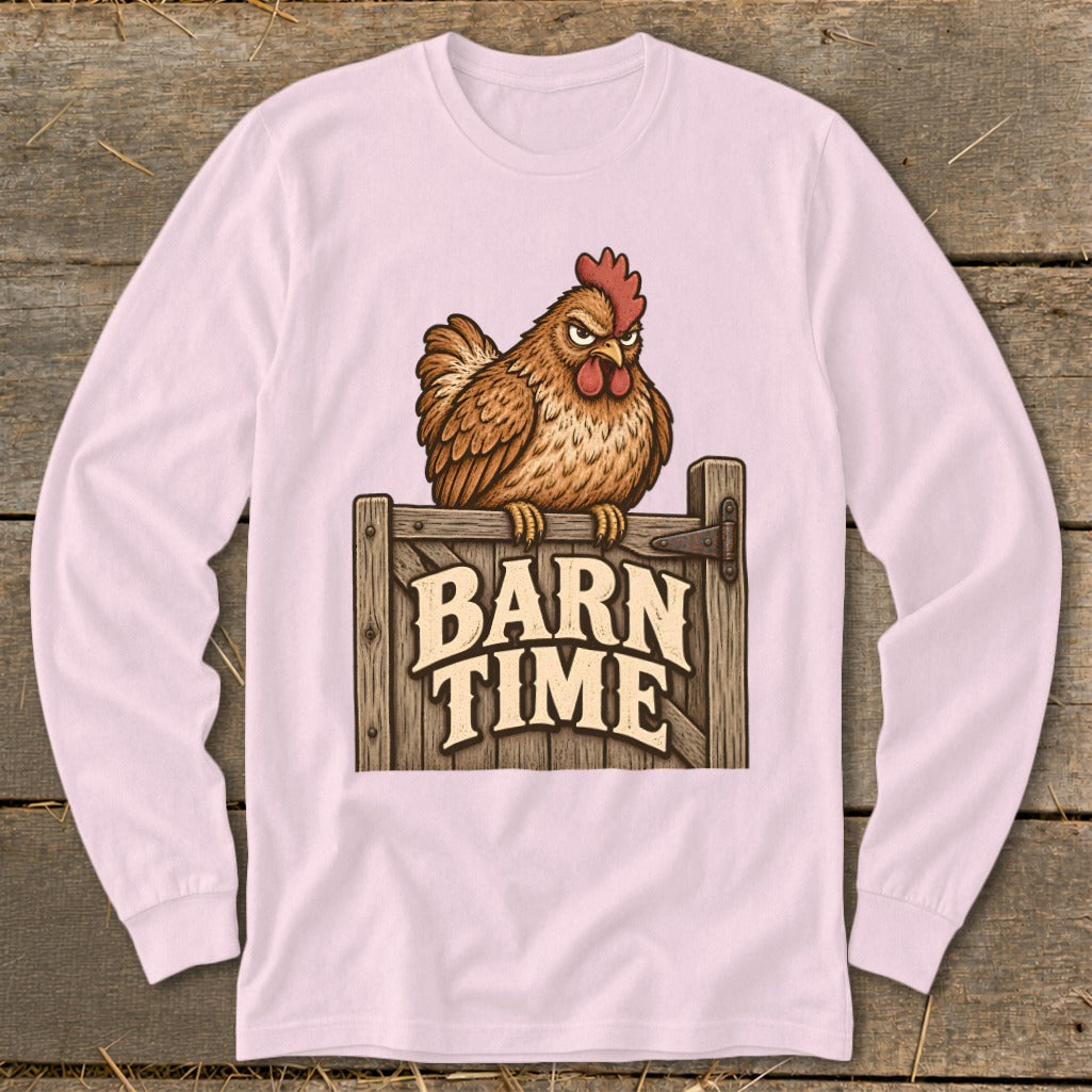 Brown chicken sitting on wooden gate with "Barn Time" text.