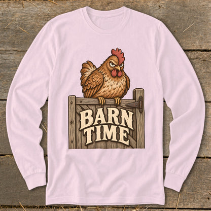 Brown chicken sitting on wooden gate with "Barn Time" text.