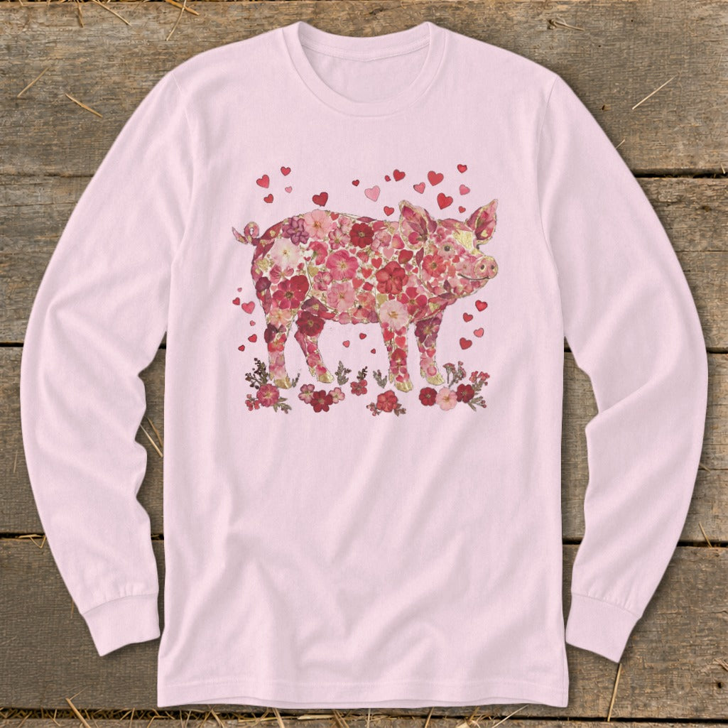 Pink long-sleeve shirt with a pig made of flowers and hearts.