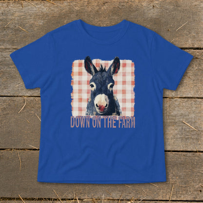 Blue t-shirt with donkey graphic and text "DOWN ON THE FARM"
