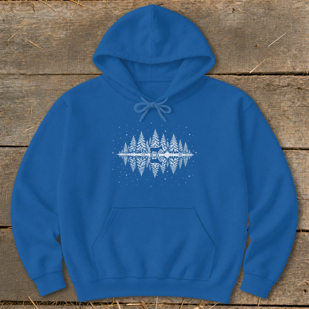 Blue hoodie with a white winter forest and guitar reflection graphic.