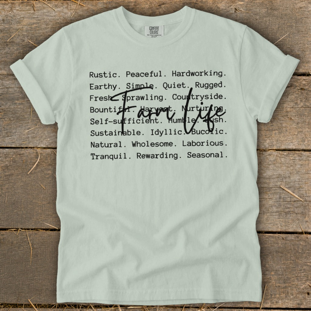 Light green t-shirt with "Farm Life" and descriptive words in black.