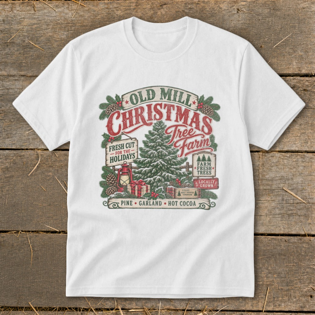 Old Mill Christmas Tree Farm graphic with pine, garland, and hot cocoa text.