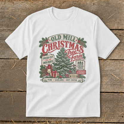 Old Mill Christmas Tree Farm graphic with pine, garland, and hot cocoa text.
