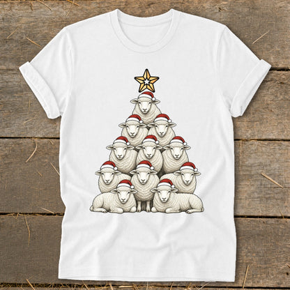 White t-shirt with a Christmas tree shape made of sheep wearing Santa hats.