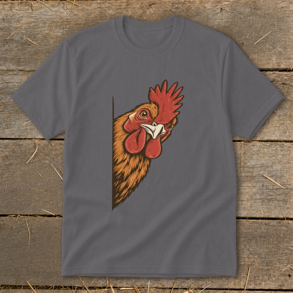 Graphic of a rooster peeking from the side on a charcoal grey t-shirt.