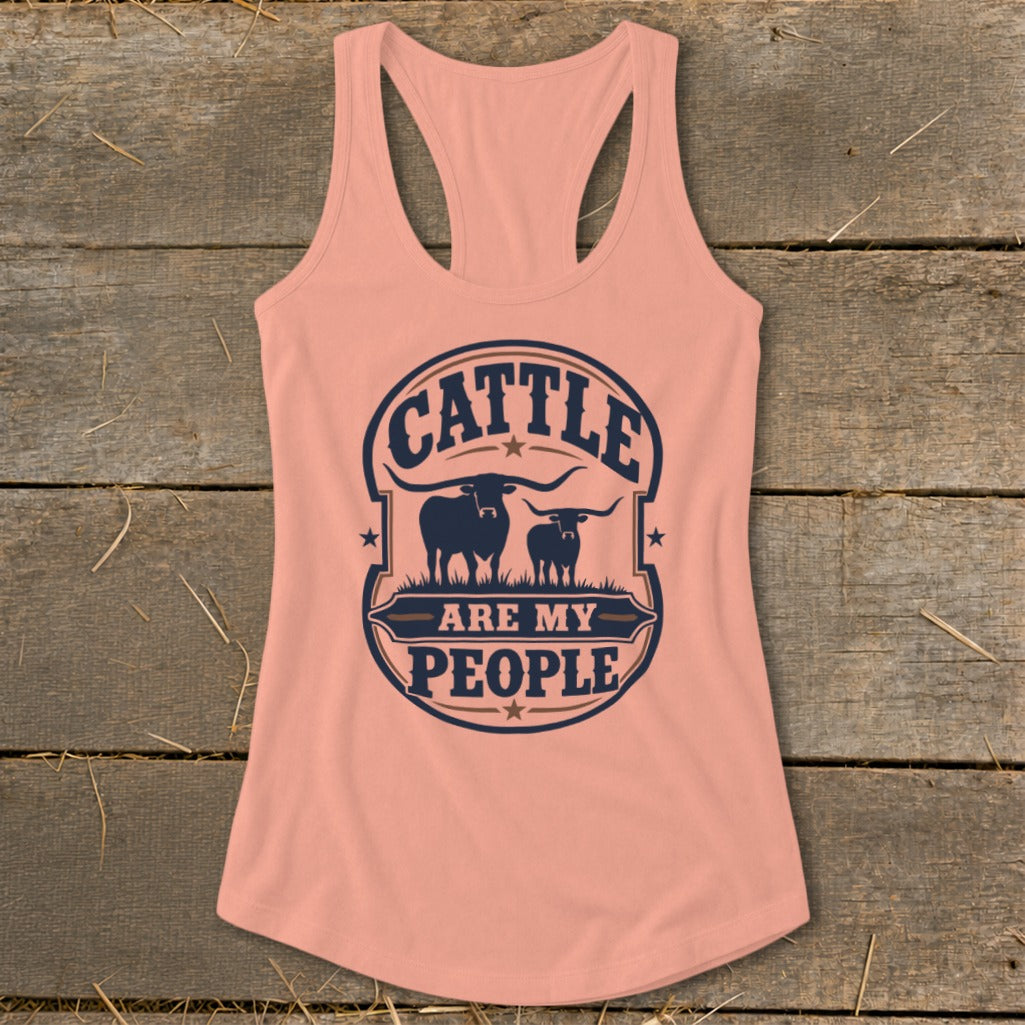 Peach tank top with dark blue graphic "Cattle Are My People" and two cows.