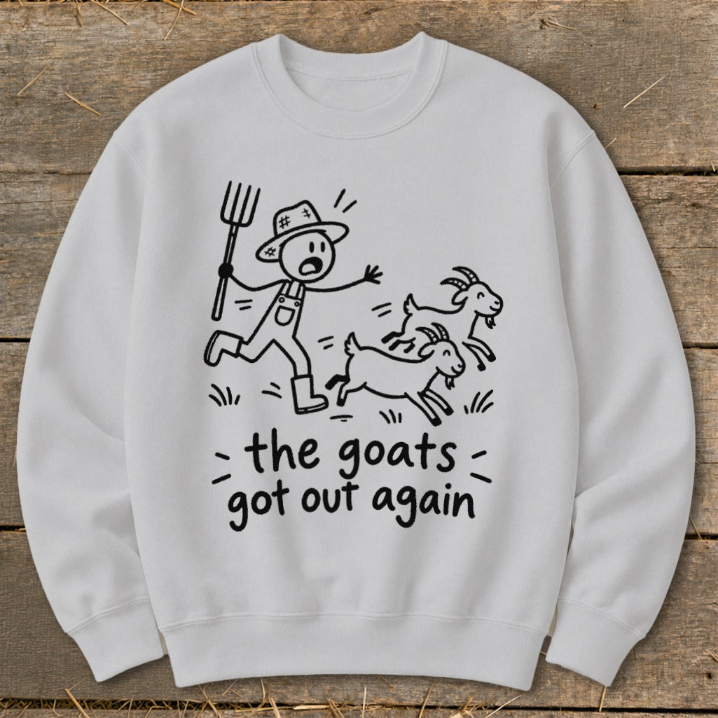 Line art of a farmer chasing goats with text "the goats got out again".